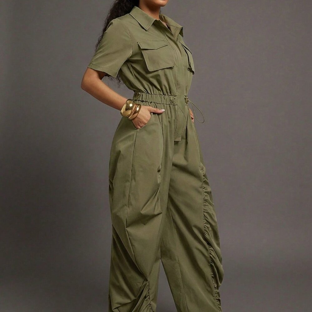 Green Casual Women's Ruched Wide Leg Drawcord Waist Utility Jumpsuit - Picture 5 of 5